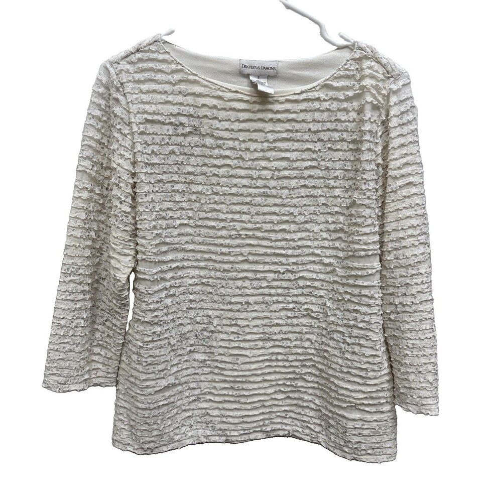 Drapers Damon’s Ivory Textured Blouse Round Neck Pullover S Stretch 3/4 Sleeve